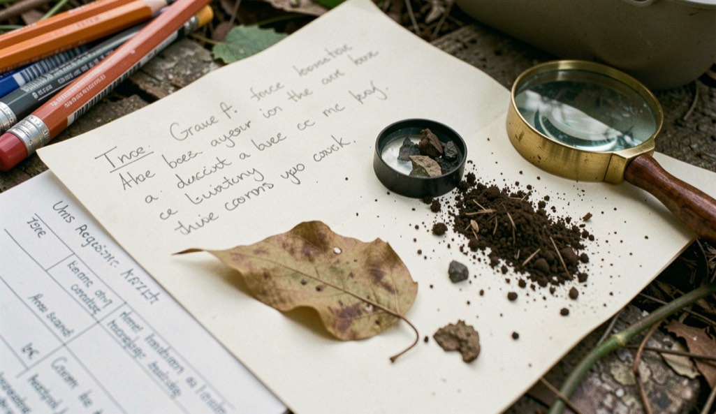 A folding table at a village market in late morning, paper producer sheets held down by a jar of honey and a wedge of cheese, low side light across the...