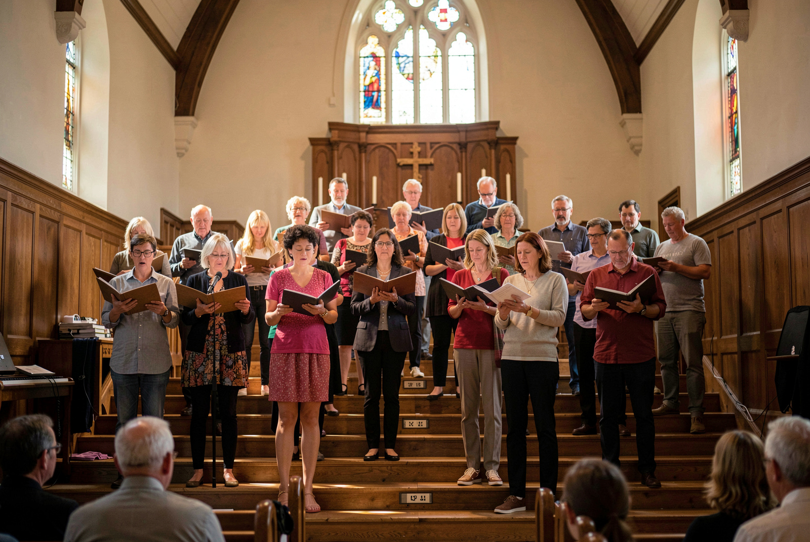 A mixed adult choir standing on risers in a church hall during an evening rehearsal, scores open in their hands, warm overhead light, wide shot from the back of the room.