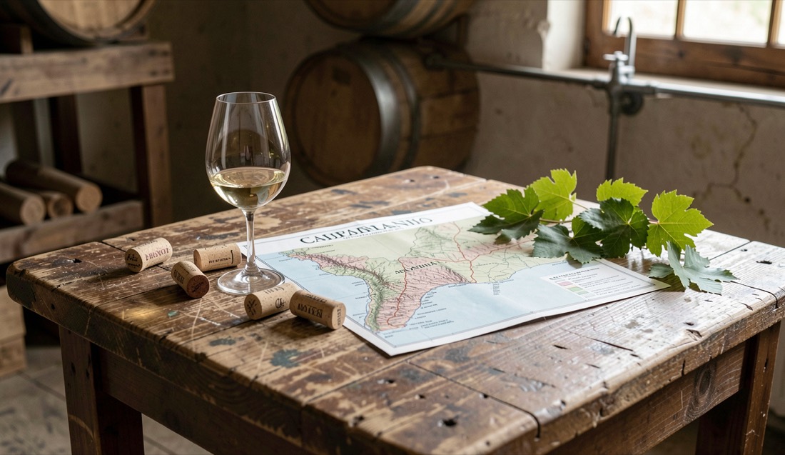 Appellation map, tasting glass, corks, and grape leaves arranged on a worn worktable in a quiet California cellar