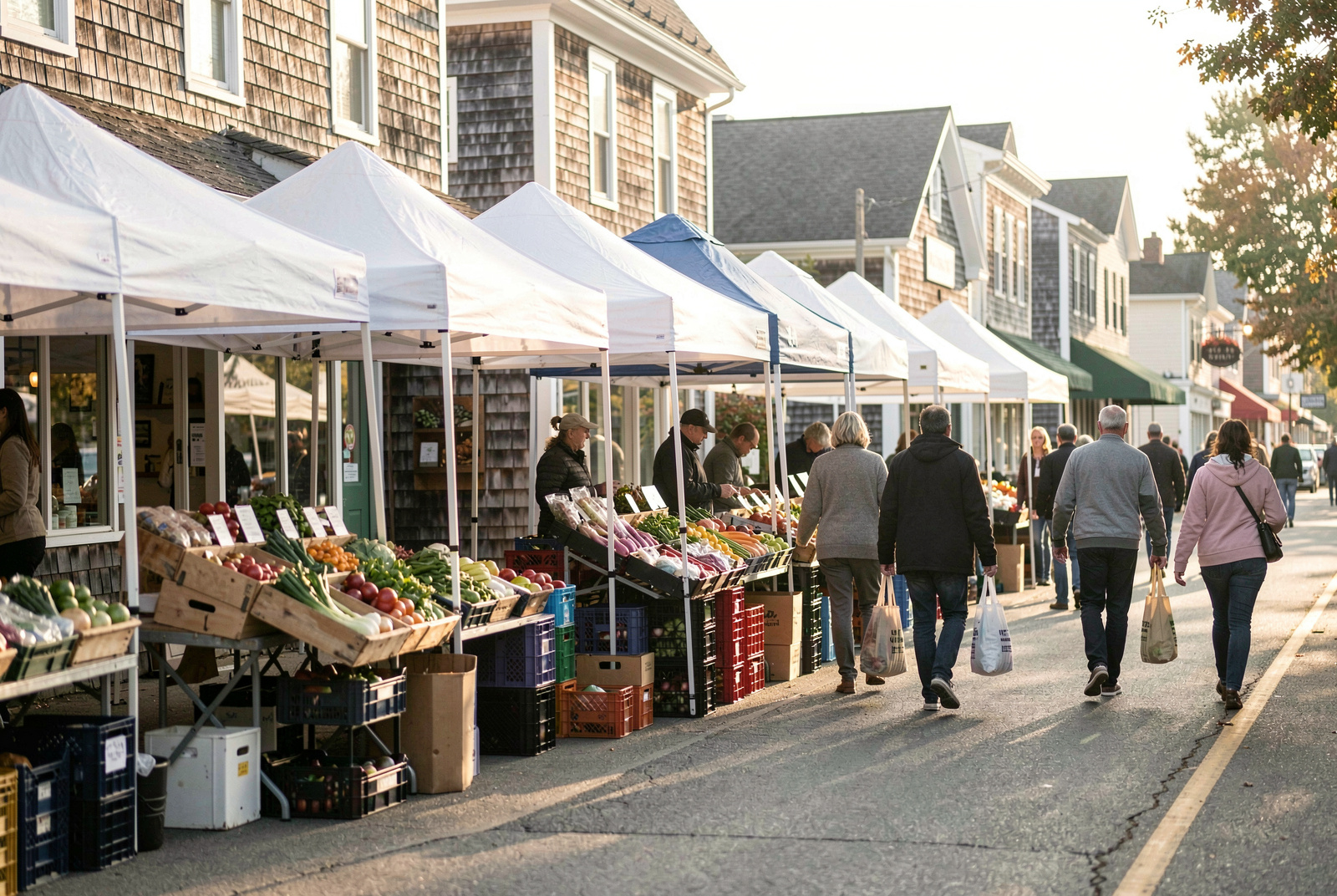 A row of white vendor tents pitched along a village main street in front of shingled storefronts, morning light raking across produce crates, shoppers with totes walking the lane, wide eye-level framing.