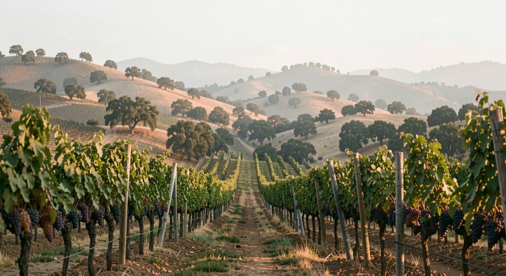 Late afternoon rows of Sierra Foothills vines descending toward oak-dotted ridges under a soft hazy sky