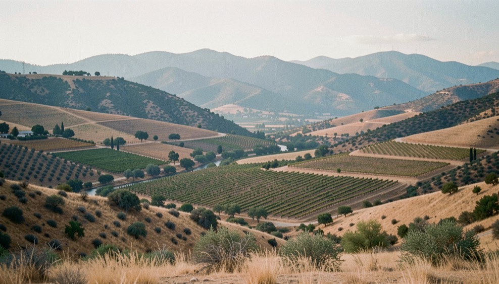 Wide California foothill valley view with vineyard parcels, dry grasses, and layered blue hills after harvest