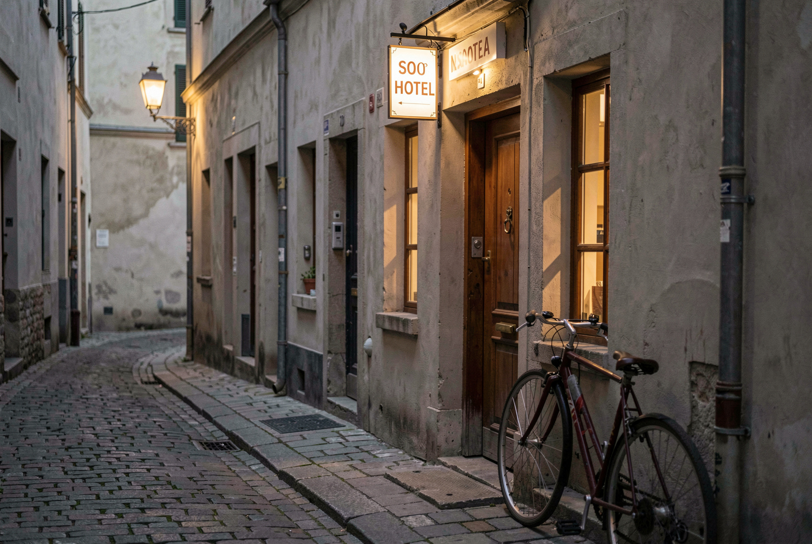 A narrow European street at dusk with a small hotel sign above a wooden door, warm light from a ground-floor window, a stone pavement and a bicycle leaning against the wall, shot from eye level at a slight angle.