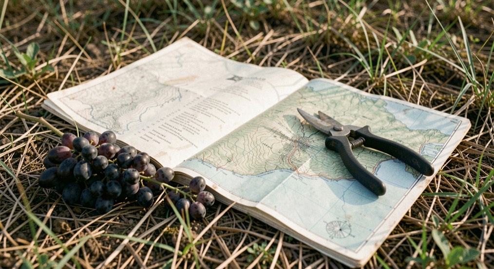 A wooden table by a window in late morning light, with a row of early twentieth-century postcards laid face down, a magnifying glass resting on one, and a...