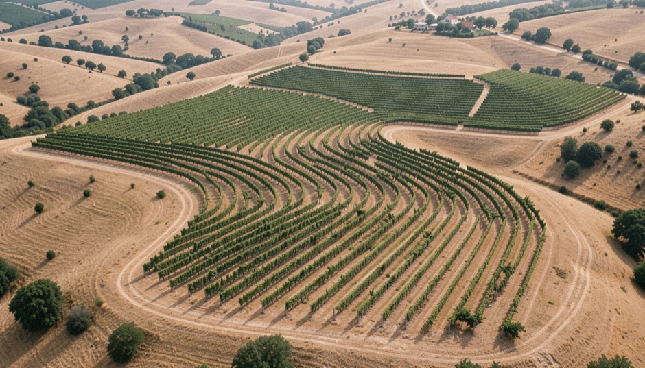 Aerial-inspired pattern of planted vineyard contours wrapping gently around tawny foothill terrain
